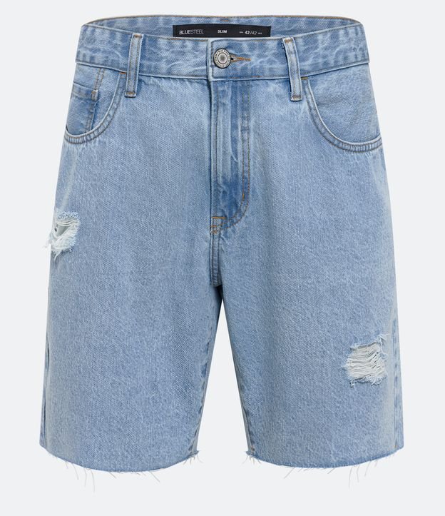 Bermuda Slim Jeans com Puídos e Barra a Fio Azul Claro 5