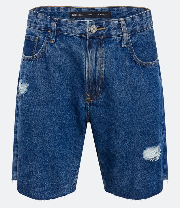 Bermuda Slim Jeans com Puídos e Barra a Fio Azul Escuro 6