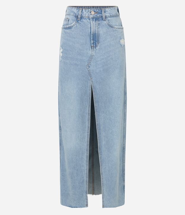 Saia Longa Jeans com Fenda Frontal e Puídos na Altura do Quadril Azul Claro 5