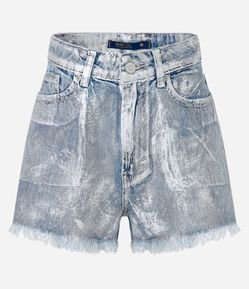 Short Cintura Alta em Jeans Foil e Barra Desfiada