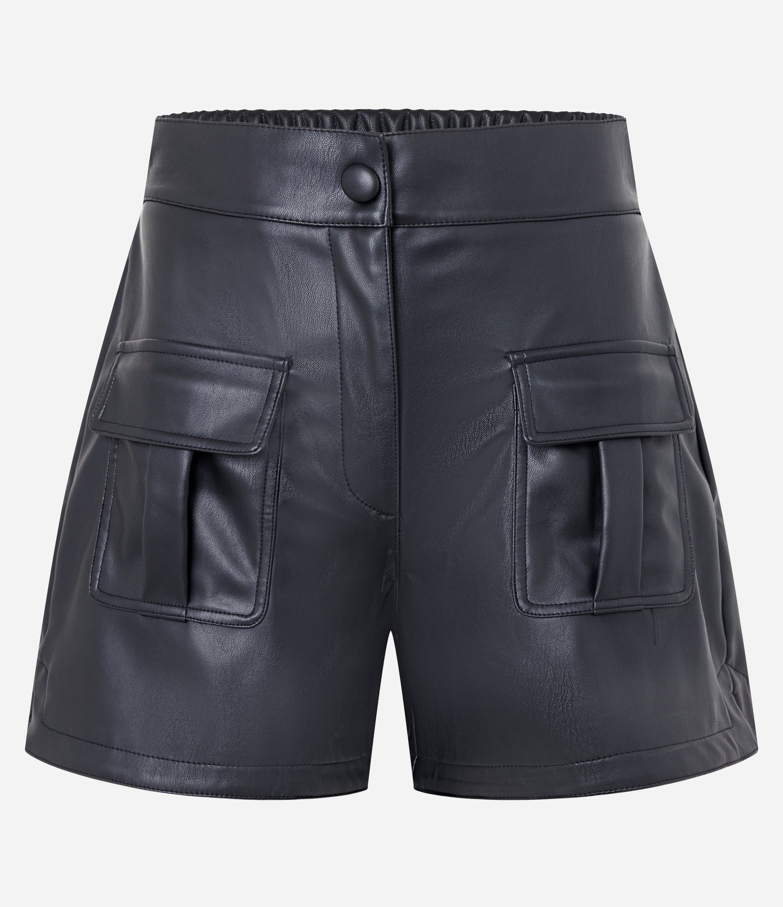 Short em PU com Bolsos Frontais e Cós Elástico Preto 5