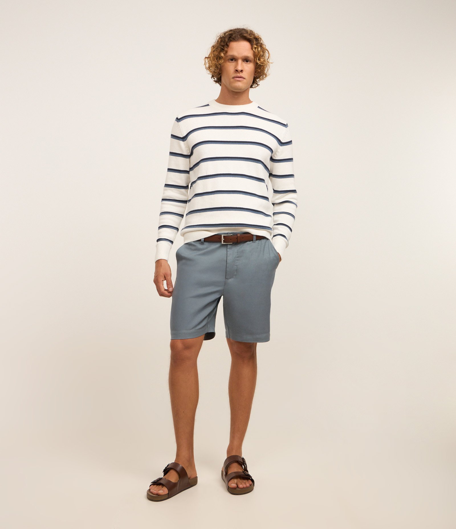 Camiseta Regular em Algodão Texturizado e Estampa de Listras Branco/Azul 1