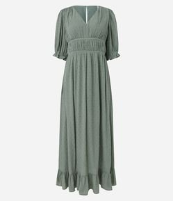 Vestido Longo Manga Evasê em Viscose Texturizada com Bolinhas