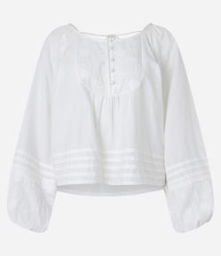 Blusa Bata em Algodão com Botões e Bordado Floral