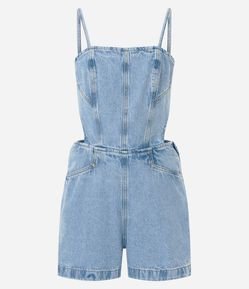 Macaquinho Curto em Jeans com Recorte e Amarração nas Costas