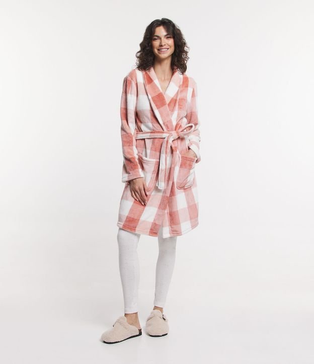 Robe Curto em Fleece e Estampa Xadrez Branco/Vermelho 2