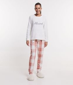Pijama Longo em Fleece com Estampa Xadrez e Bordado Blessed