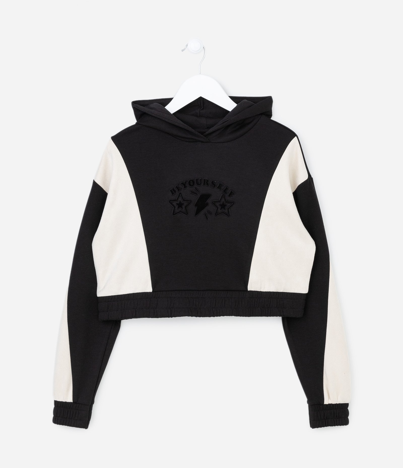 Blusão Infantil em Moletom com Recortes - Tam 5 a 14 Anos Preto/Off White 1