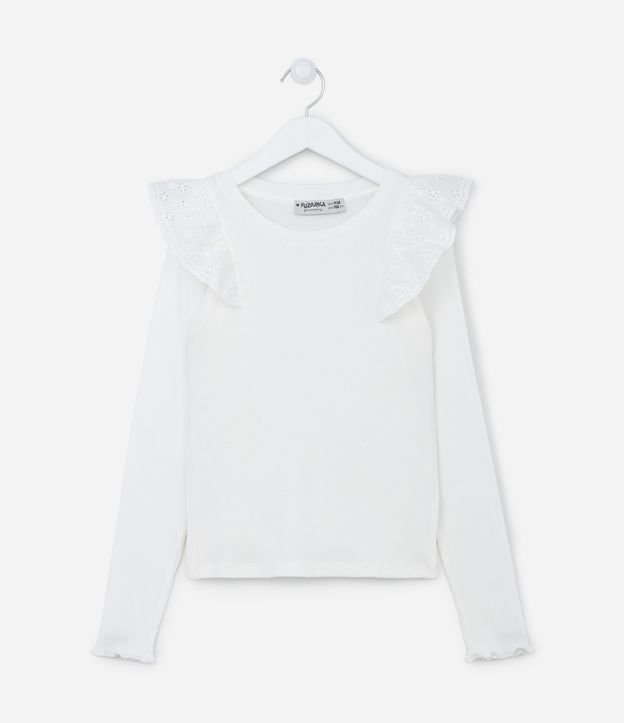 Camiseta Manga Longa Infantil com Babados nos Ombros - Tam 5 a 14 anos