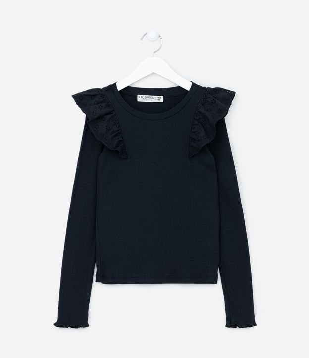 Camiseta Manga Longa Infantil com Babados nos Ombros - Tam 5 a 14 anos