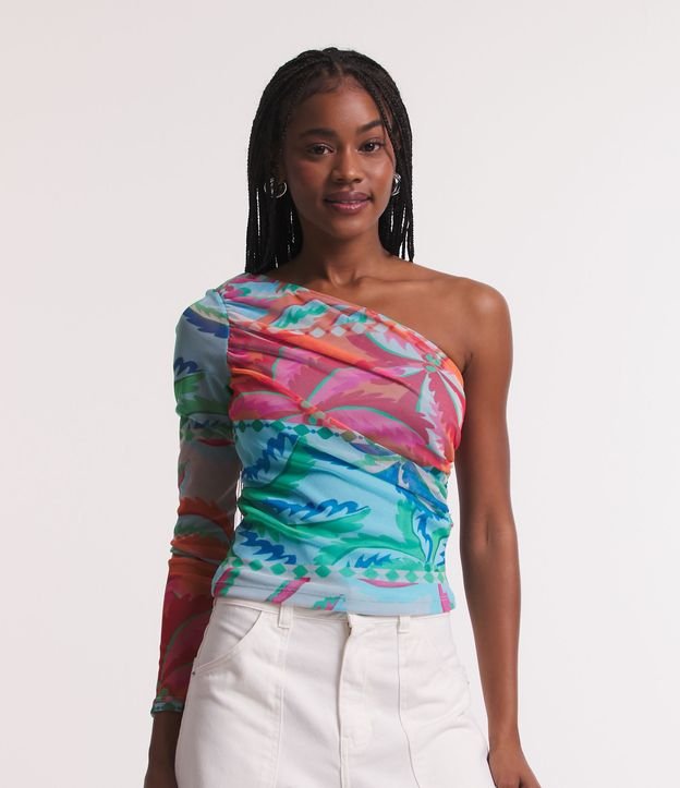 Blusa em Tule Ombro Só com Estampa de Coqueiro