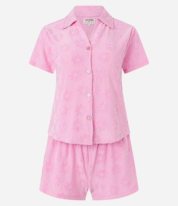 Pijama Americano Curto com Textura de Flores Rosa 5
