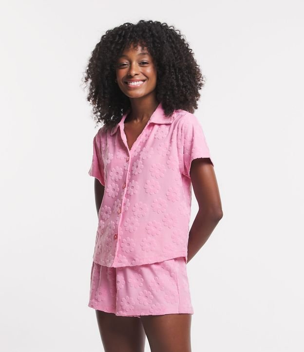Pijama Americano Curto com Textura de Flores Rosa 1