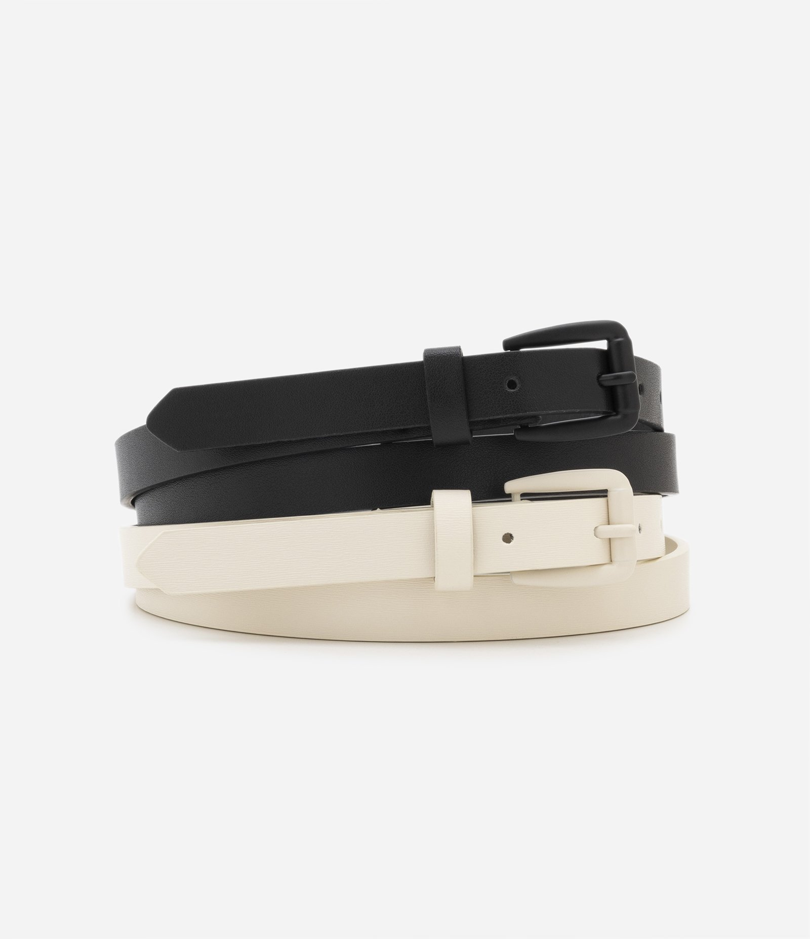 Kit 02 Cintos Finos em PU com Fivelas Quadradas Off White/Preto 4