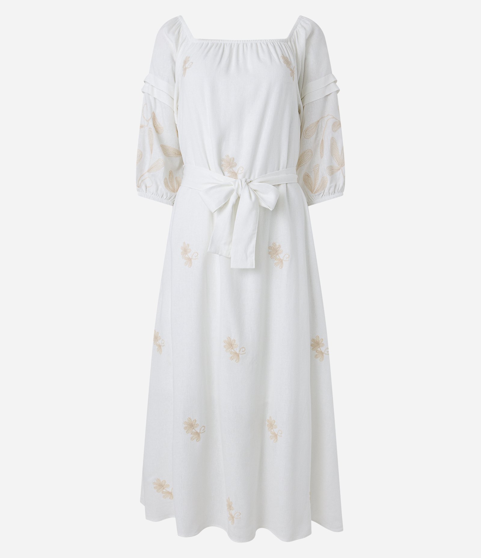 Vestido Midi Ombro a Ombro em Linho com Amarração e Bordados Off White 8