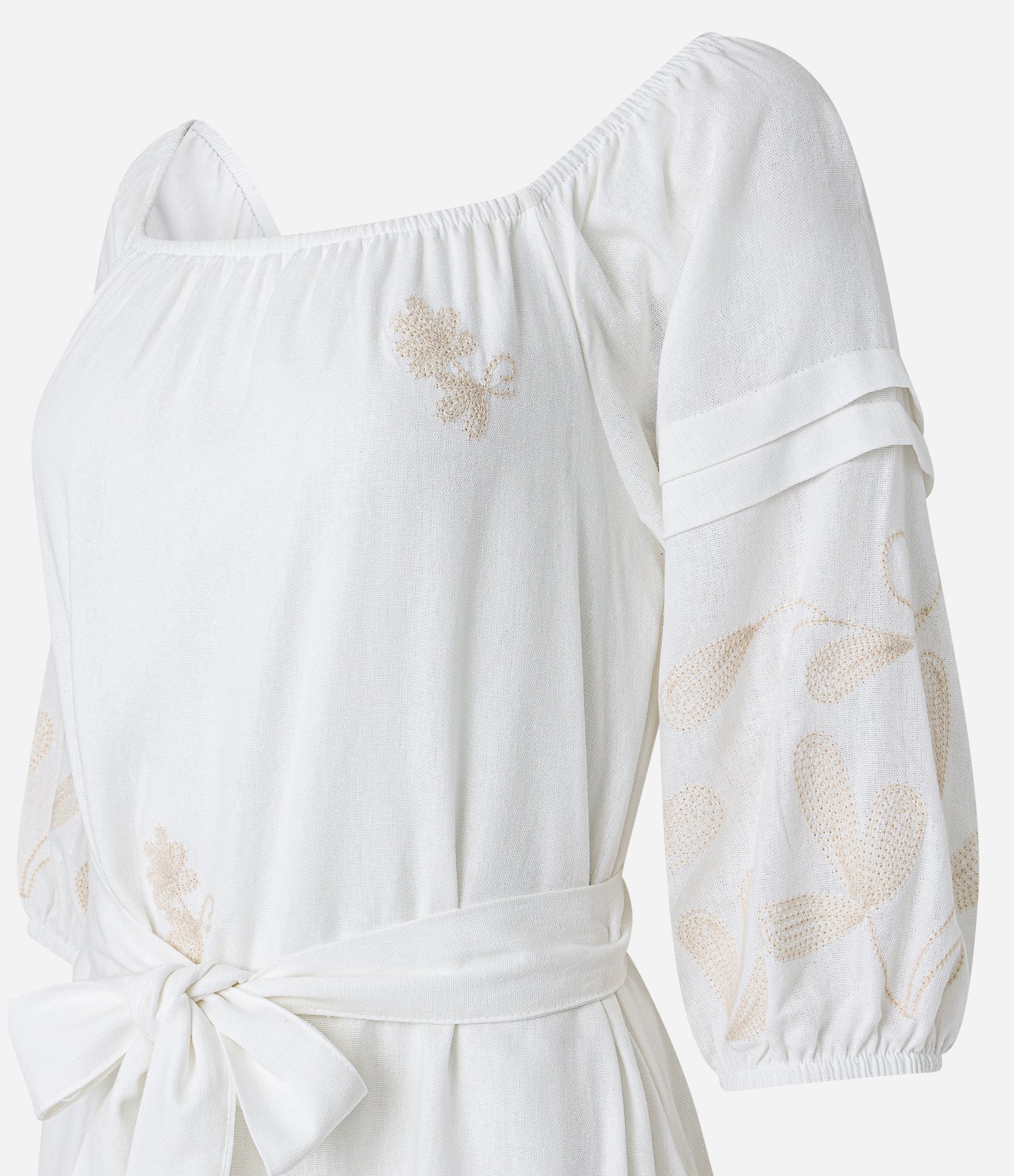 Vestido Midi Ombro a Ombro em Linho com Amarração e Bordados Off White 9