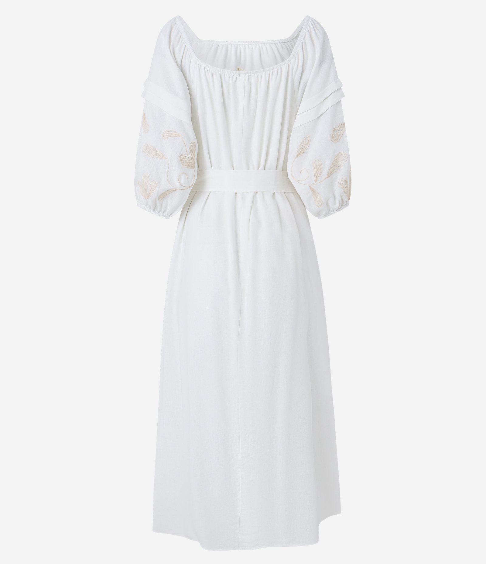 Vestido Midi Ombro a Ombro em Linho com Amarração e Bordados Off White 10