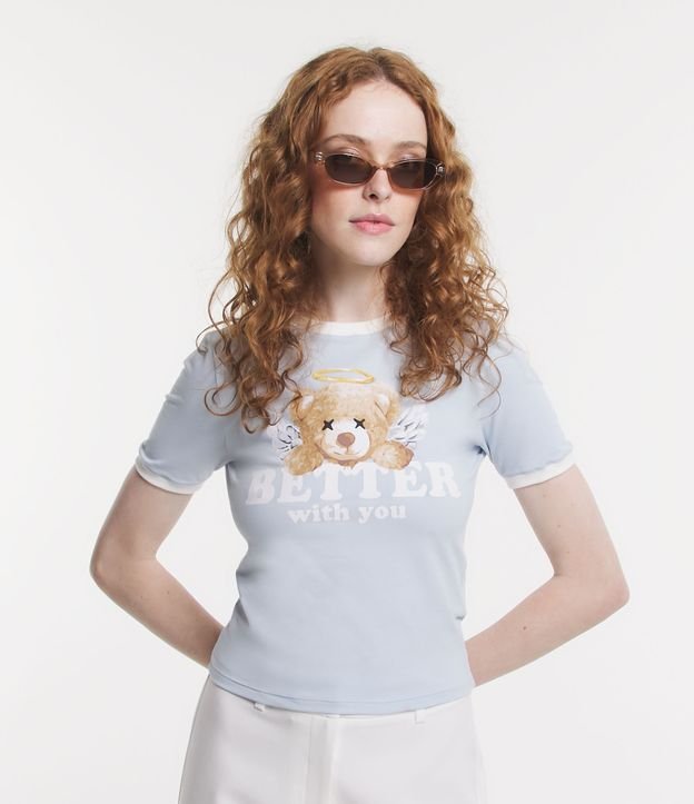 Camiseta Meia Malha com Estampa Ursinhos com Asas de Anjo Azul 1
