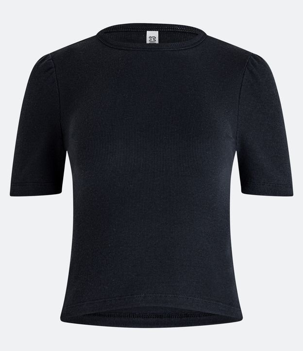 Blusa Básica em Ribana Canelada com Manga Curta Bufante