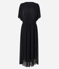 Vestido Longo Manga Evasê em Tule Plissado com Sobreposição