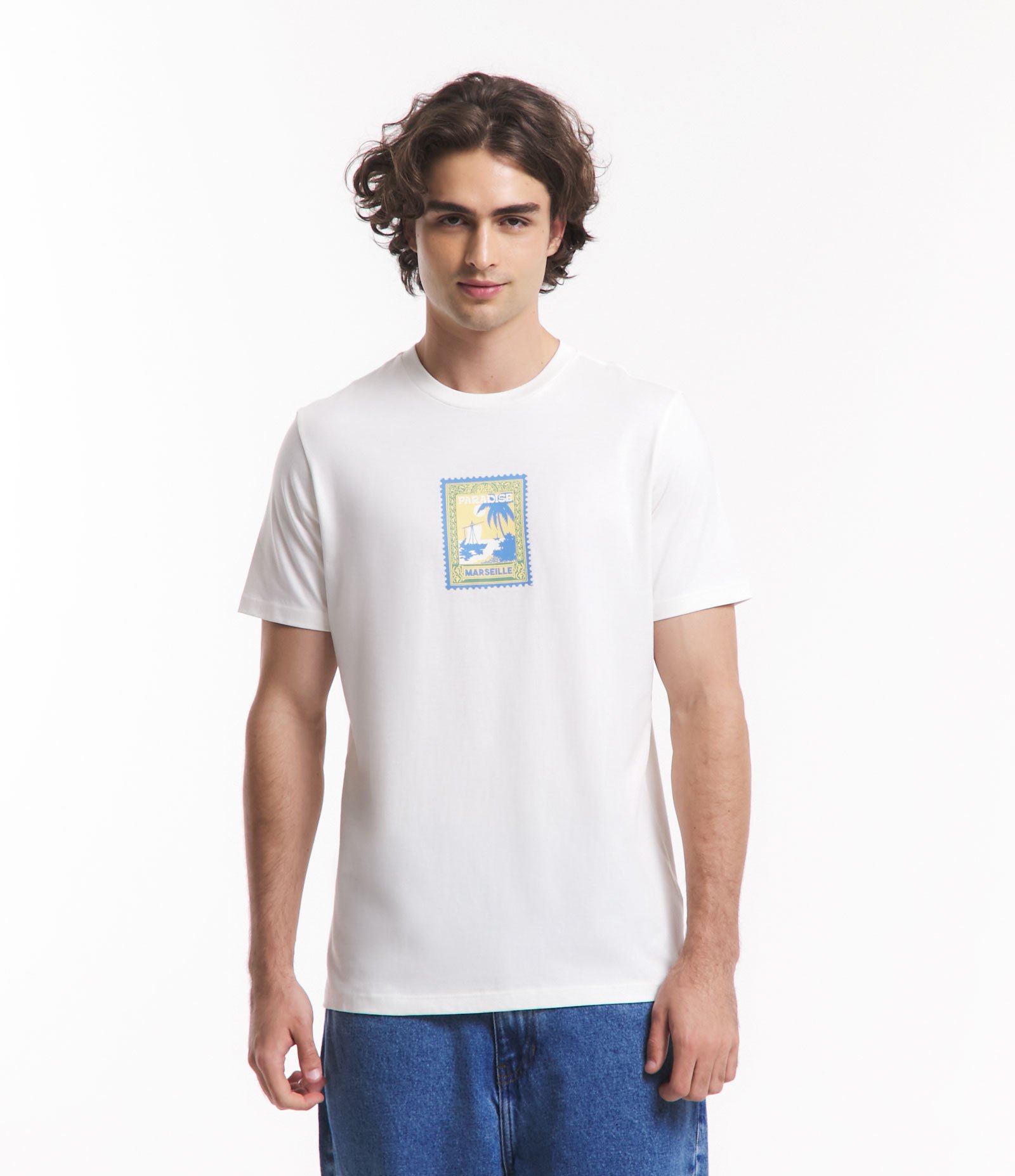 Camiseta Regular em Meia Malha com Estampa Selo Paradise Marseille Off White 1