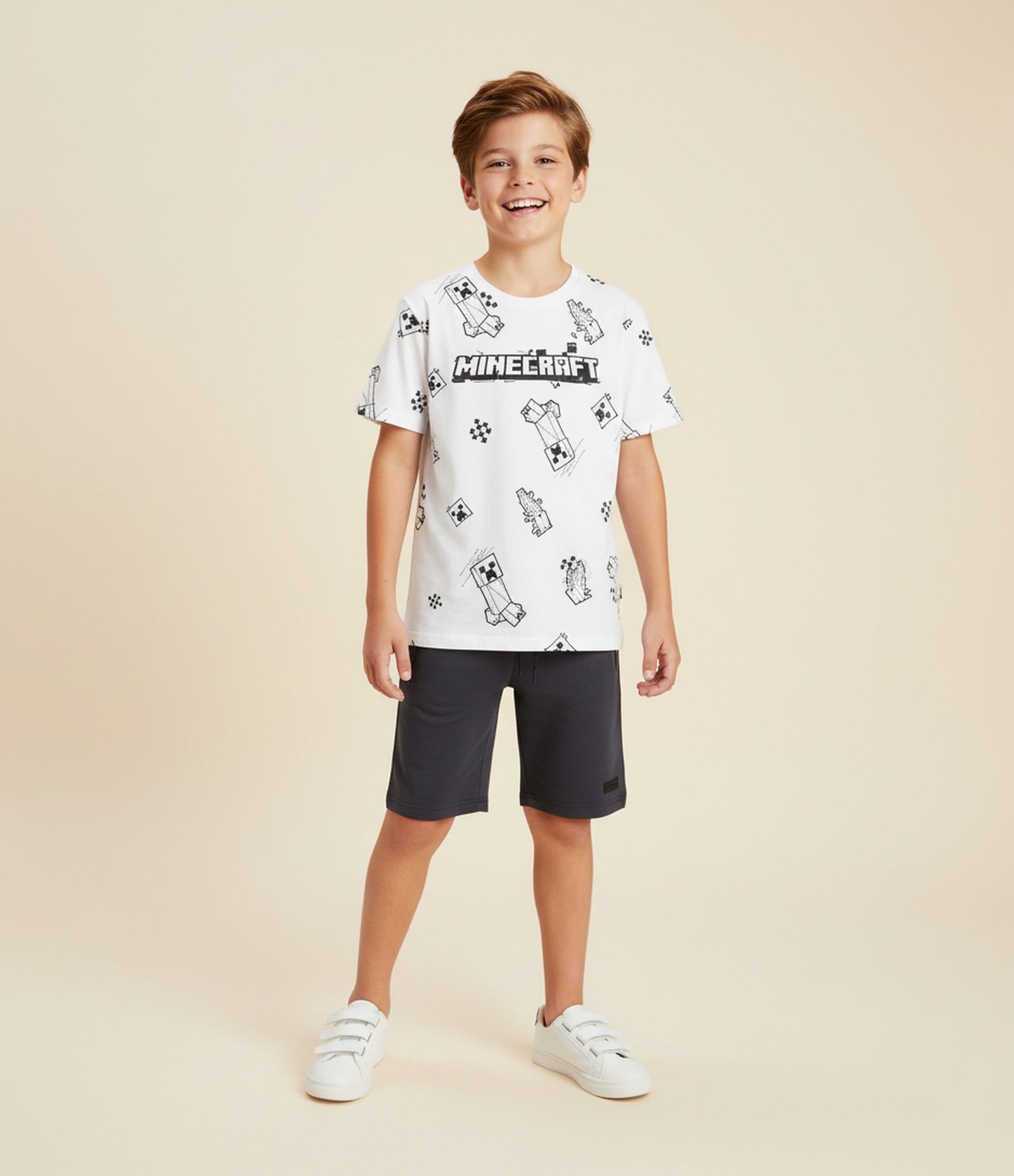 Camiseta Infantil com Estampa do Minecraft - Tam 5 a 14 anos Off White 1