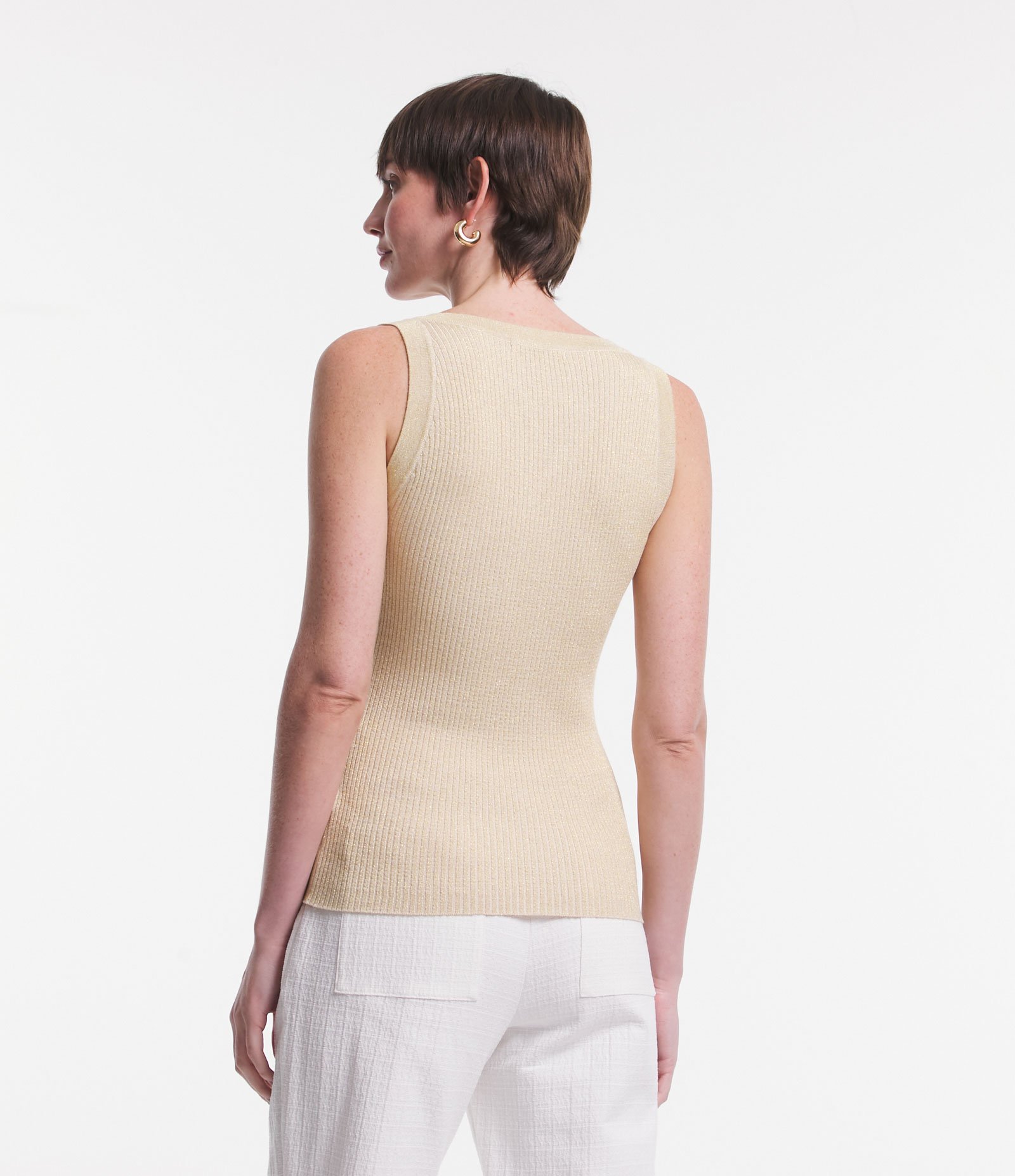 Blusa Sem Manga em Viscose Canelada com Fio Metalizado Bege 4