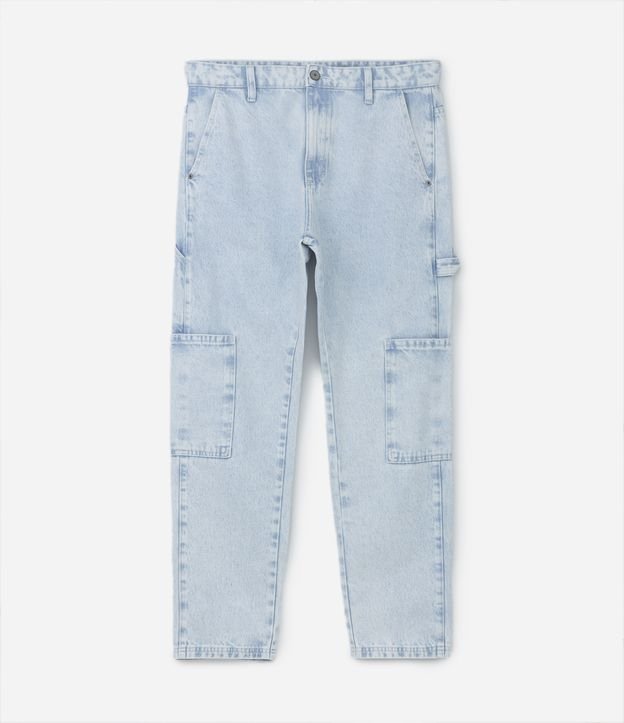 Calça Baggy Jeans com Bolsos Utilitários e Alça Lateral Azul Claro 5