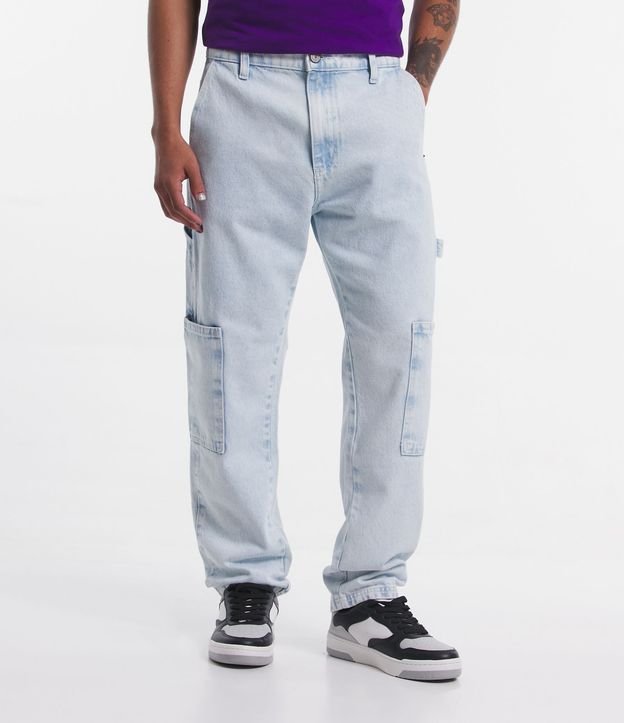 Calça Baggy Jeans com Bolsos Utilitários e Alça Lateral Azul Claro 2