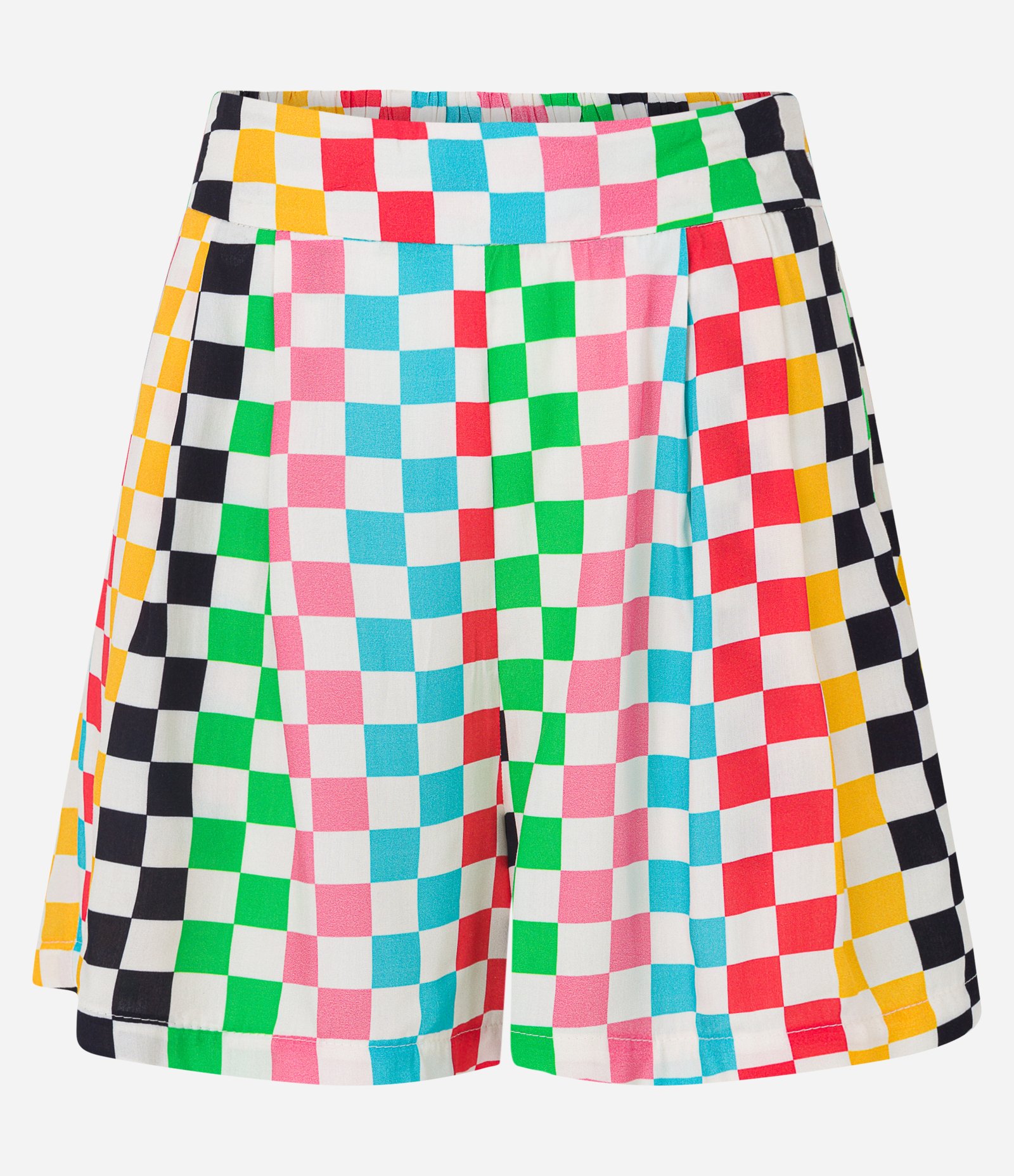Short Curto em Viscose com Preguinhas e Estampa Quadriculada Multicores 1