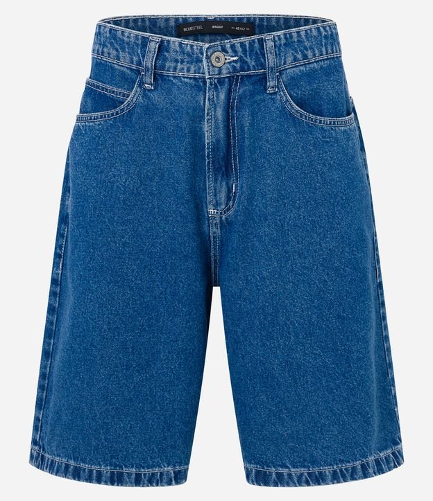 Bermuda Baggy Jeans com Pesponto Contrastante Azul Médio 5