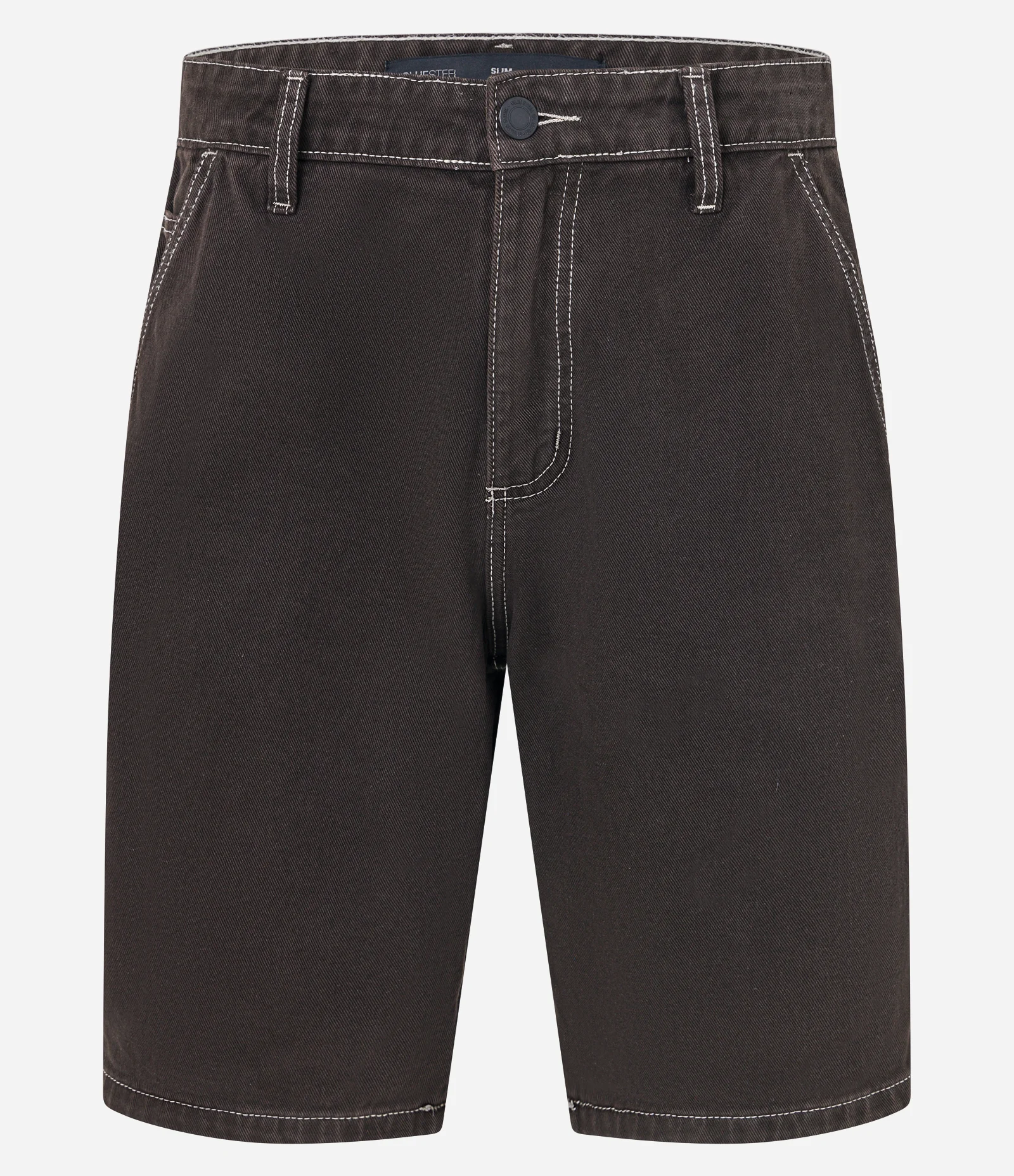 Bermuda Slim em Sarja com Pespontos Contrastantes e Laterais Triplas Marrom 1