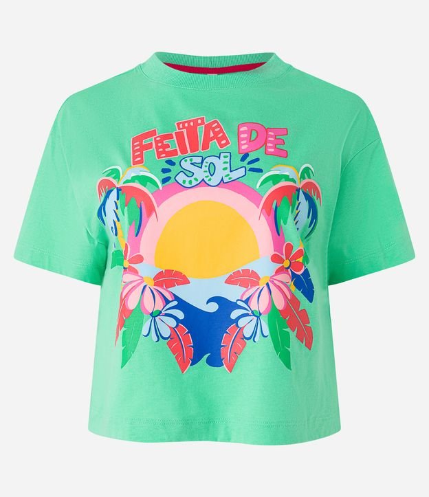 Blusa T-shirt em Meia Malha com Estampa Tropical Feita de Sol Verde 5