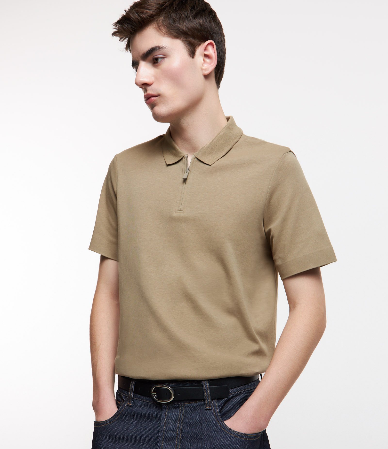 Camisa Polo em Algodão com Zíper na Gola Bege 1