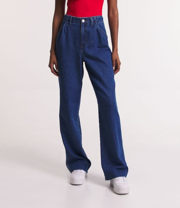 Pantalón Wide Leg Jeans Sastrería con Pliegues y Bolsillo Incorporado Azul 2