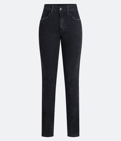 Calça Reta Cintura Média em Jeans com Bolsos e Brilhos Laterais