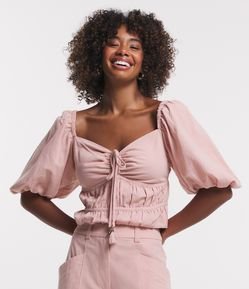 Blusa Cropped em Sarja com Amarração e Manga Curta Bufante