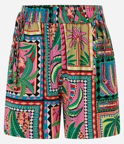 Short Curto em Viscose com Amarração e Estampa de Coqueiros
