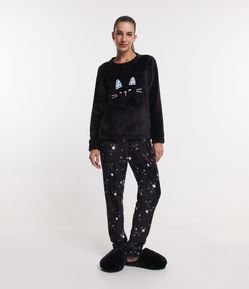 Pijama Longo em Fleece com Estampa Gatinhos