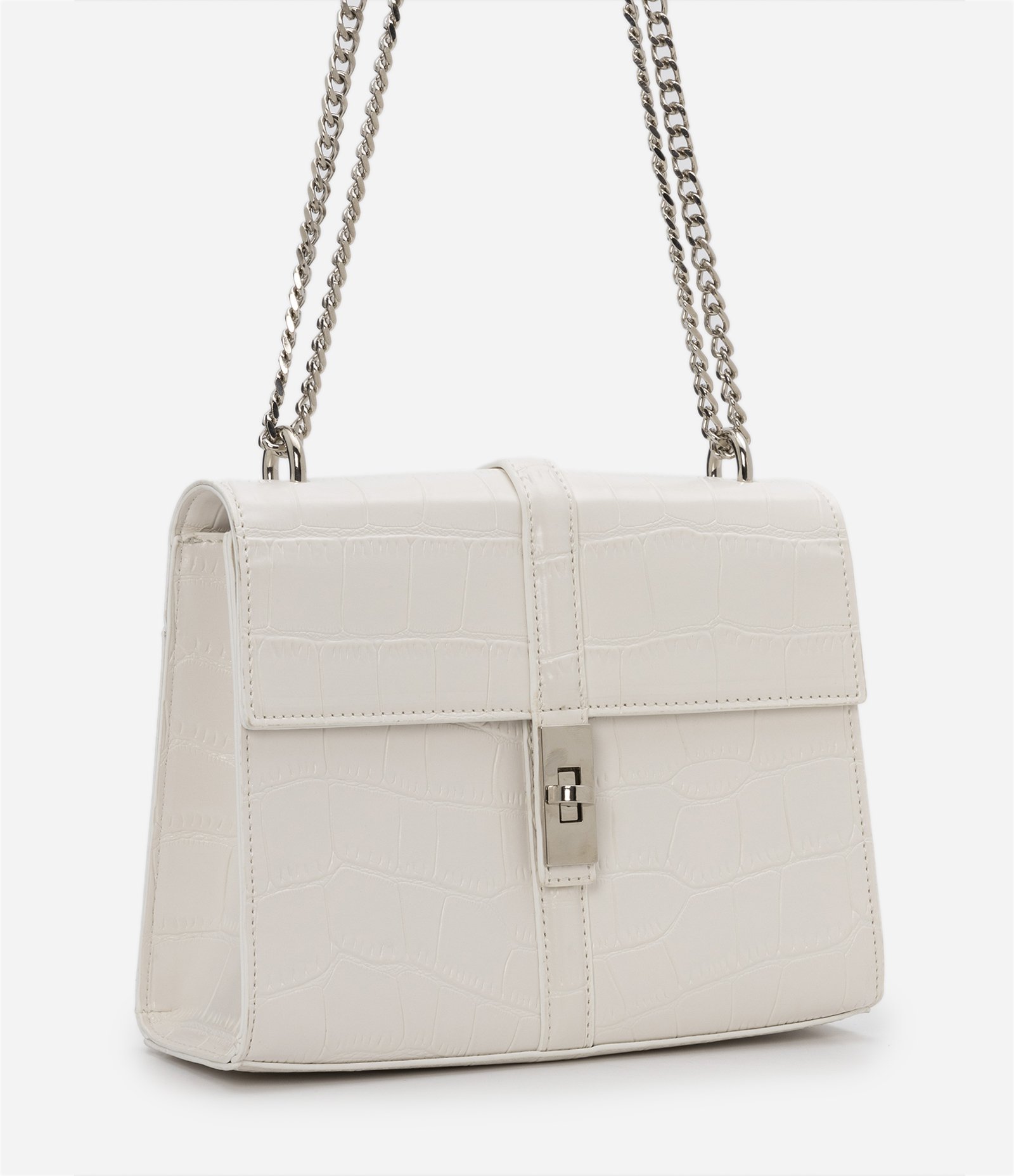 Bolsa Shoulder em PU com Lapela Envelope e Textura Croco Off White 2