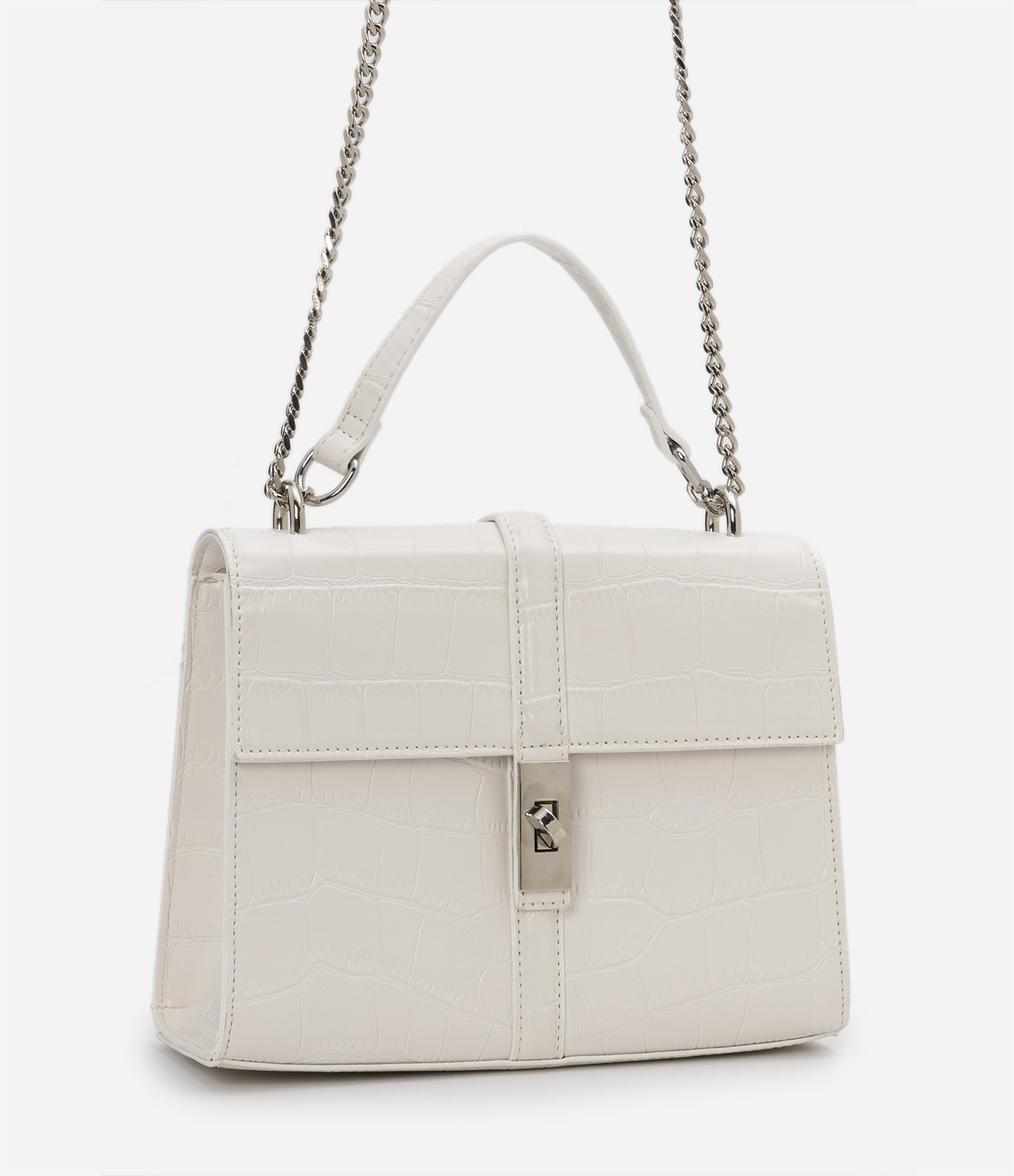 Bolsa Shoulder em PU com Lapela Envelope e Textura Croco Off White 3