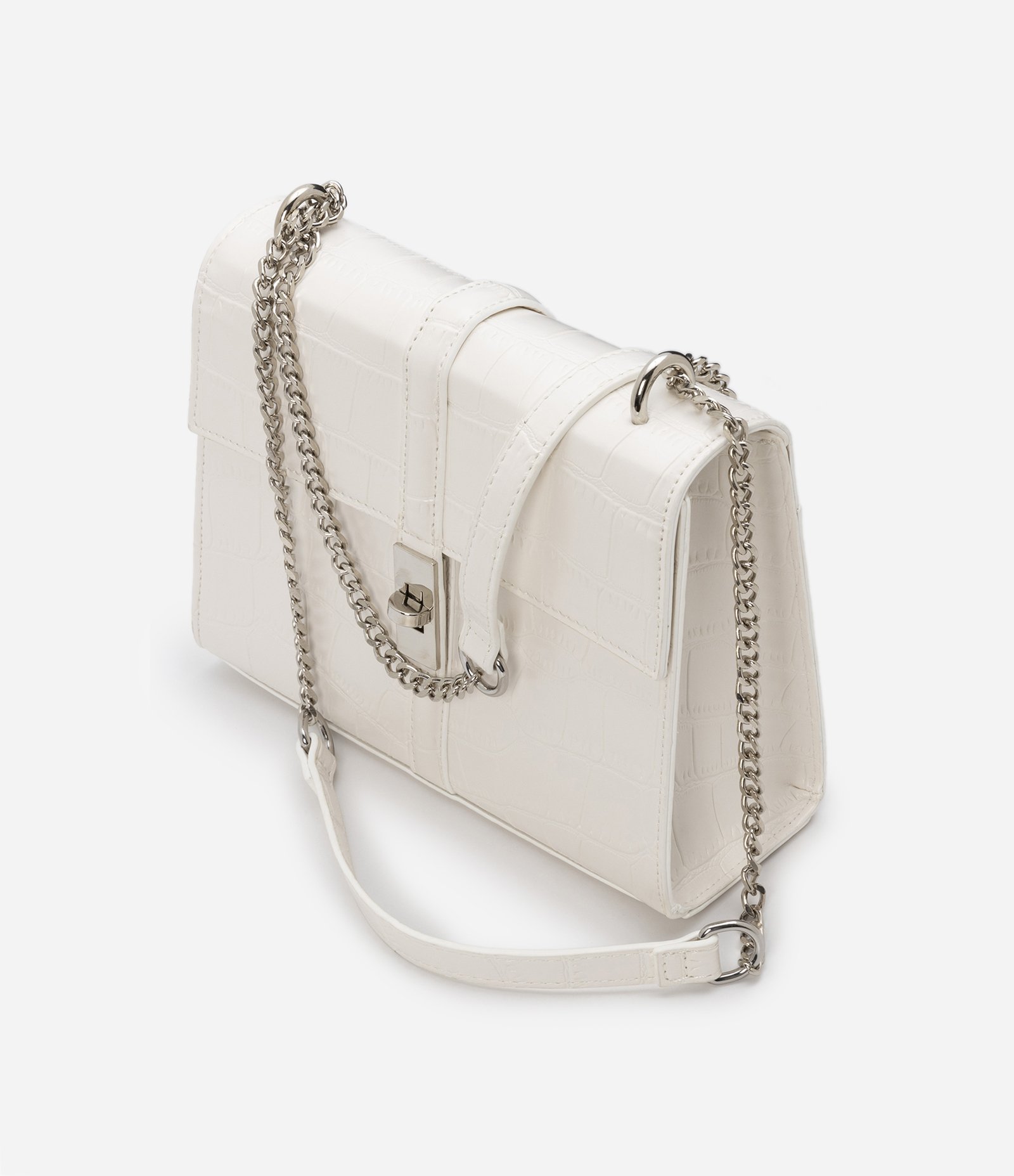 Bolsa Shoulder em PU com Lapela Envelope e Textura Croco Off White 7