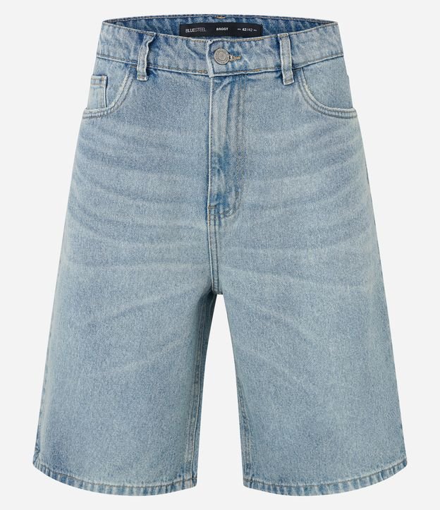 Bermuda Baggy Jeans Alongada com Leves Puídos no Bolso Azul 5