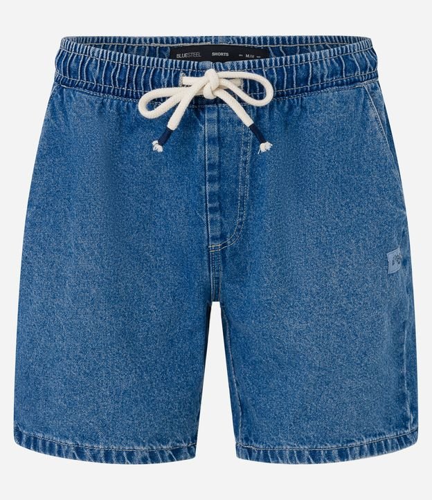 Bermuda Jeans com Cós Elástico Bolsos e Etiqueta Aplicada Azul Médio 6