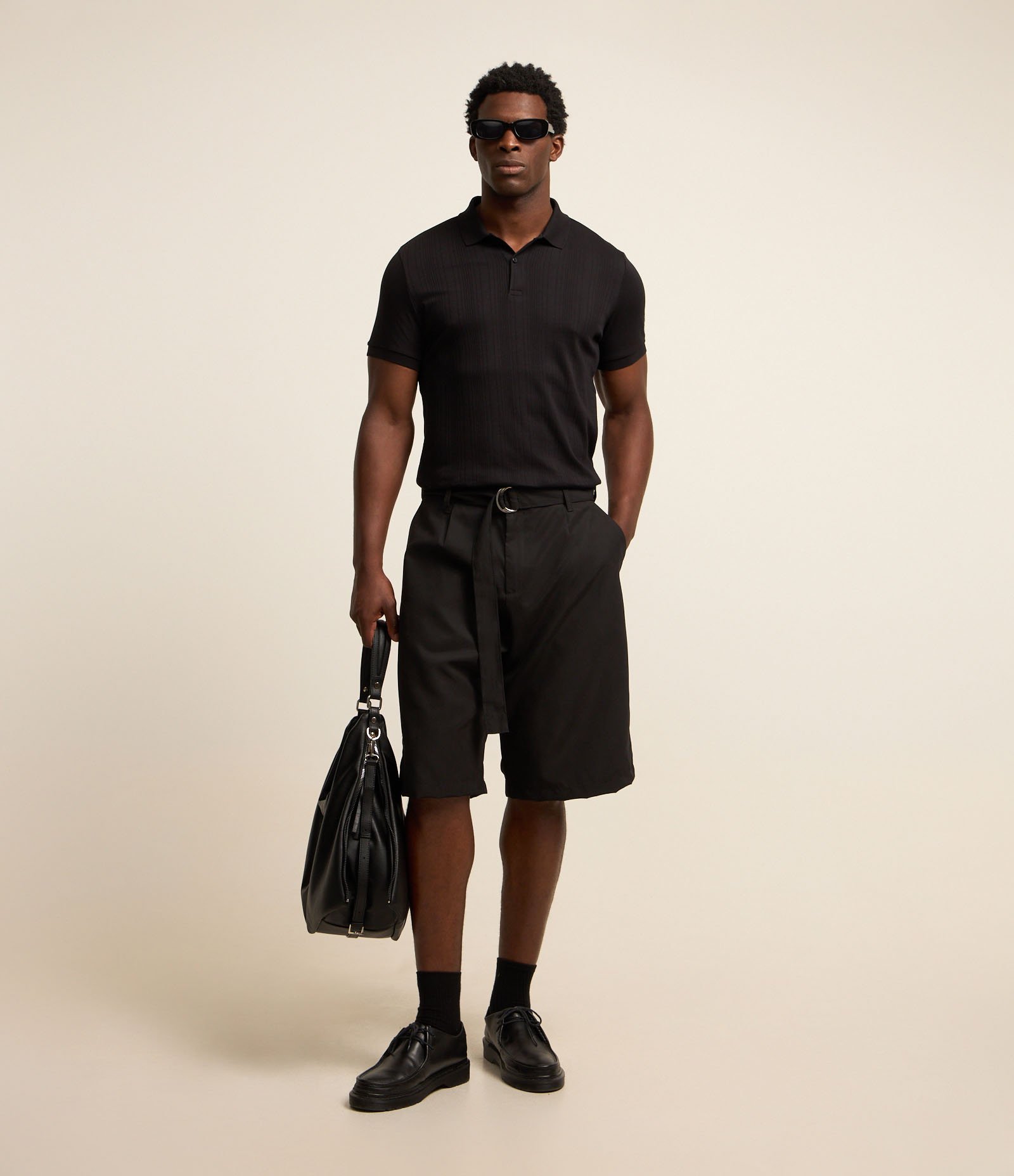 Camiseta Polo Slim em Algodão com Botões e Textura Riscada Preto 2