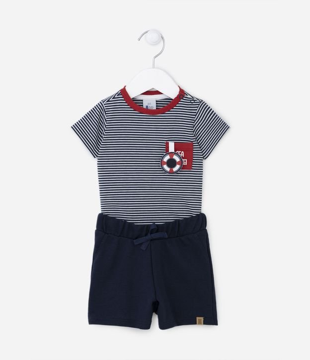 Conjunto Curto Infantil com Estampa Listrada e Bolsinho de Boia - Tam 0 a 18 Meses