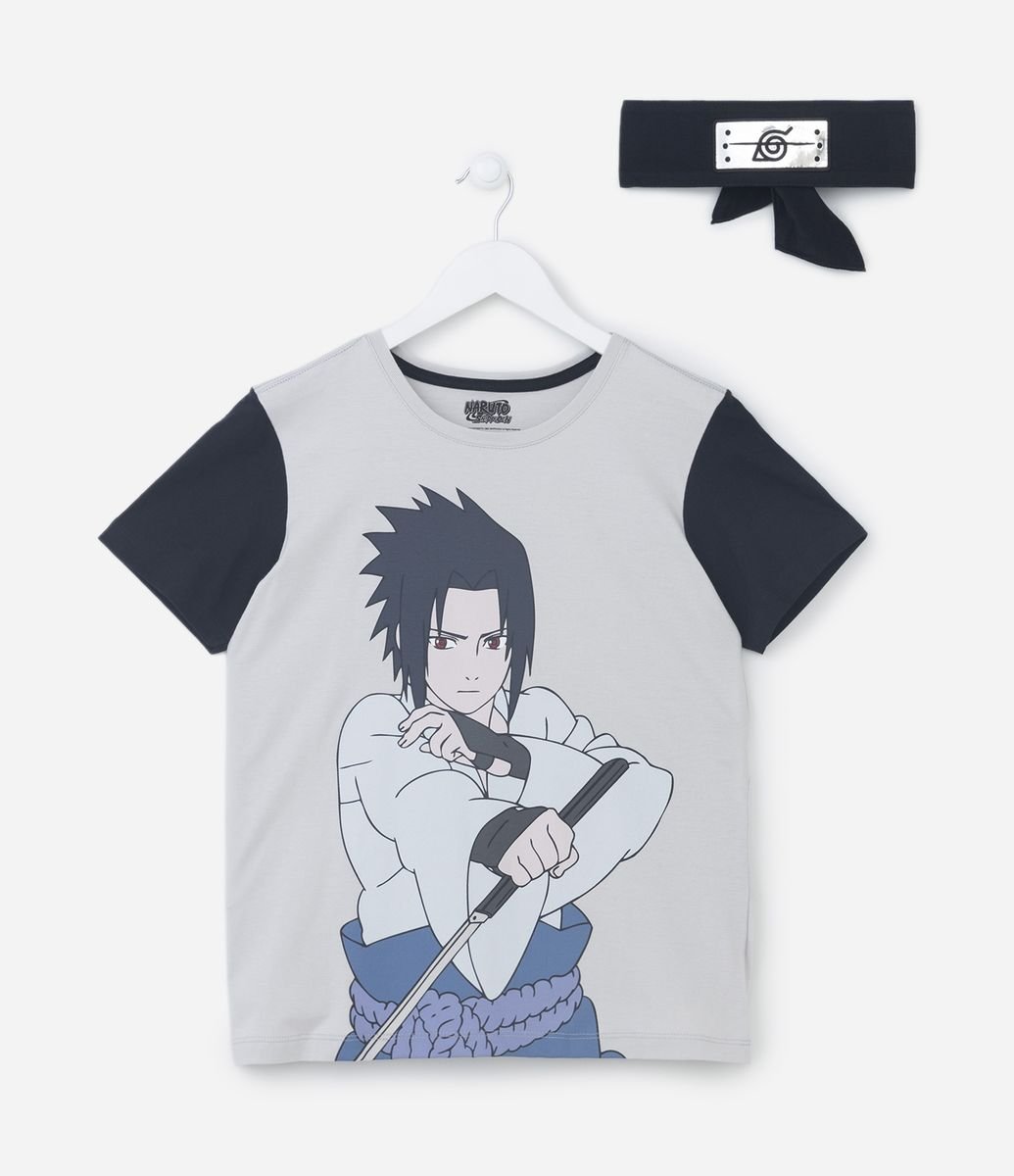 Camiseta Infantil com Estampa do Sasuke Acompanha Bandana - Tam 5 a 12 anos  Cinza