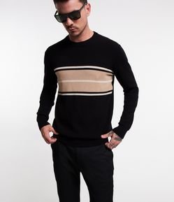 Suéter Regular em Tricô com Listras Contrastantes