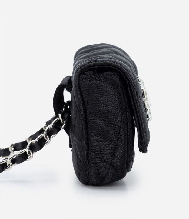 Bolsa Mini Bag Transversal em PU com Pedrarias e Textura Matelassê Preto 3