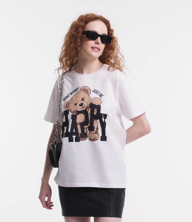 Camiseta Alongada em Meia Malha com Estampa de Ursinho e Lettering Happy Branco 1